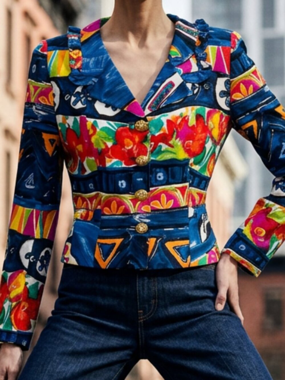 Vintage 90s Abstract Floral Ruffle Blazer Jacket Pearl Gold Buttons Whimsigoth S